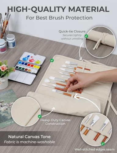 30-Slot Roll-Up Canvas Brush Holder, Washable Paint Brush Case, Beige | Durable Canvas Organizer for Artists, Portable Travel Design, Fits Brushes & Art Supplies (Brushes not Included) - color: Beige