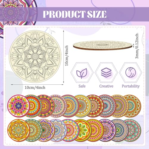 Reallnaive 77 Pcs Mandalas Coasters Painting Kit, 20 Set Wooden Drink Coasters 4 Inch with Holder & Markers Boho DIY Crafts for Adults, Women, Hobby, Color Your Own Art Craft Supplies - style: Mandalas