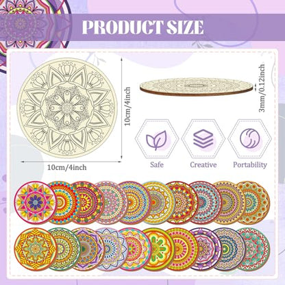 Reallnaive 77 Pcs Mandalas Coasters Painting Kit, 20 Set Wooden Drink Coasters 4 Inch with Holder & Markers Boho DIY Crafts for Adults, Women, Hobby, Color Your Own Art Craft Supplies - style: Mandalas