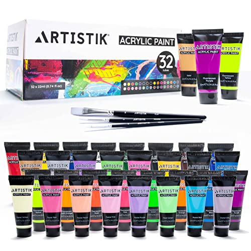 ARTISTIK 32-Color Acrylic Paint Set with 3 Brushes – 22ml Tubes of Artist-Quality Acrylic Paints for Canvas, Wood Crafts, Ceramic & Art Supplies - style: 32 x 22ml Acrylic Paint with Brushes
