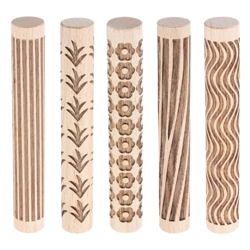 HARFINGTON 5pcs Wood Clay Roller 4"Wood Lines Grain Texture Flower Pattern Rolling Pins Pottery Tools Rollers for Clay Baking Dough Playdough DIY - style: Pine Tree + Wood Grain + Straight Lines + Curves + Flowers