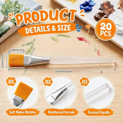 20 PCS Flat Paint Brushes, 1 Inch Acrylic Paint Brushes with Frosted Clear Acrylic Handles, Large Paint Brush Set for Acrylic, Oil, Watercolor, Gouache, Body Painting, Crafts, Rock Painting - color: 20 Pcs