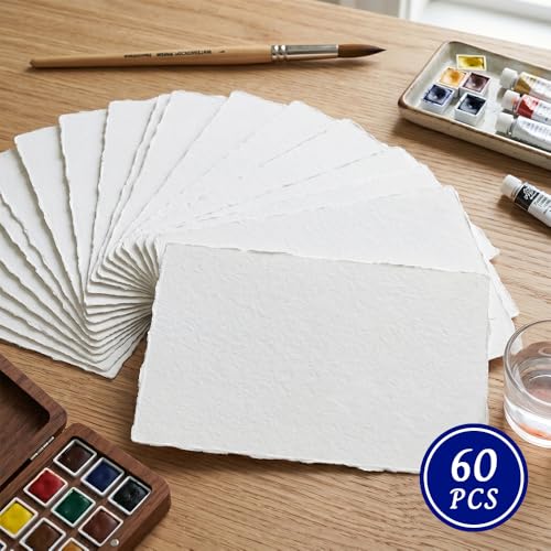 Deckled Edge Watercolor Paper 4x6 Inch, 60 Sheets 300gsm Thick Cotton Blend, Handmade Torn Edge Cards for Watercolor, Calligraphy, Wedding Invitations, DIY Crafts & Postcards