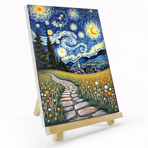 JOOZ Starry Night Framed Paint by Numbers Kit for Adults 8x12 Inch | Adult Paint by Number Kits Framed Canvas, Flowers Paint by Number with Easel, DIY Oil Painting by Numbers, Home Wall Decor - color: Starry Night 058