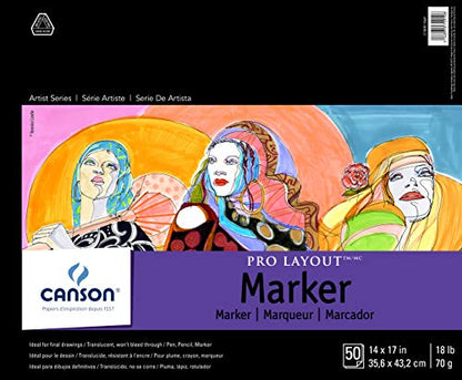 Canson Artist Series Pro Layout Marker Pad, 14” x 17”, Fold-Over Cover, 50 Sheets (100511049), 14" x 17" , white - size: 14" x 17"