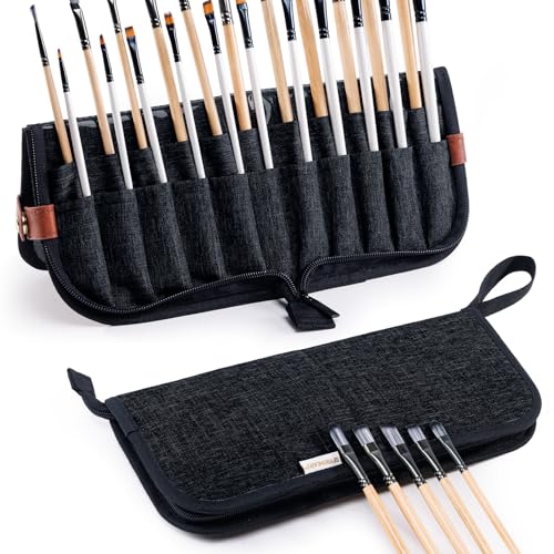 Paint Brush Holder Case for Artists with 22 Slots, Brush Organizer with Pop-Up Stand, Travel Paintbrush Storage Bag for Acrylic Oil Watercolor, Zippered Art Brush Cover (Brushes Not Included) - color: Black, size: Medium 6*11"