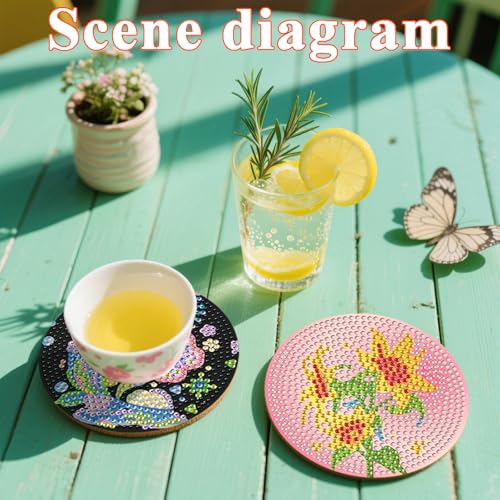 DOTSOPS 6 PCS Flowers Diamond Painting Coasters for Beginners with Holder - color: Eflowerc