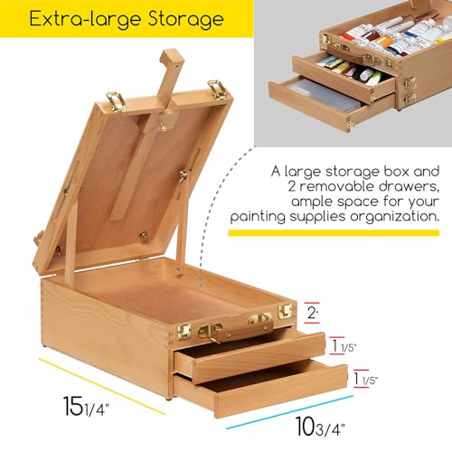 MEEDEN Large Tabletop Easel Sketchbox, Adjustable Solid Beech Wood Desktop Easel Box, Travel Easel for Artists, Table Top easels for Painting, Wooden Art Storage Box for Artist, Adults & Beginners