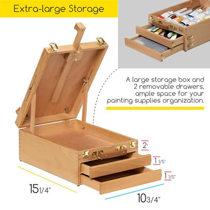 MEEDEN Large Tabletop Easel Sketchbox, Adjustable Solid Beech Wood Desktop Easel Box, Travel Easel for Artists, Table Top easels for Painting, Wooden Art Storage Box for Artist, Adults & Beginners