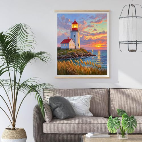 Seaside Lighthouse 5D Diamond Art Kit for Adults Full Drill Canvas | 12x16 inch canvas, complete tool set, DIY wall art, relaxing craft, seaside lighthouse scene - color: QD153