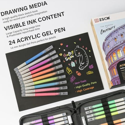 ZSCM 24 Colors 3D Acrylic Gel Pens & Black Paper Sketchbook for Drawing - color: 24 Packs-Bright