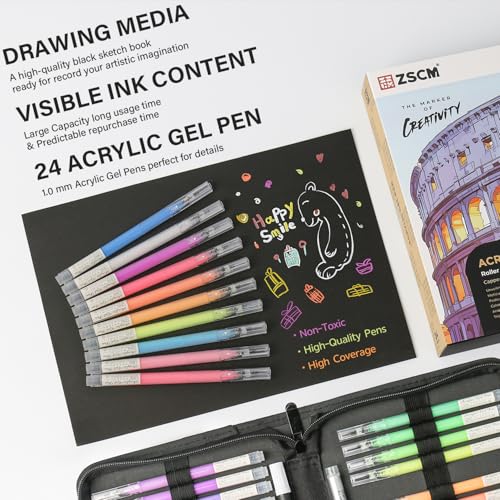 ZSCM 24 Colors 3D Acrylic Gel Pens & Black Paper Sketchbook for Drawing | 1mm Fine Point Acrylic Ink Pen, Opaque Archival Dull Ink Pens for Black Paper Drawing, Sketching, Illustration, Card Making - color: 24 Packs-Bright