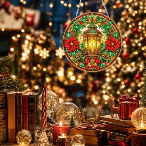 Eiflow Acrylic Diamond Art Hanging Kit for Adults Christmas Lantern, DIY Diamonds Painting Door Hanger Board Kit, Special Crystal Diamond Art Painting Pendant Ornament - color: Lantern