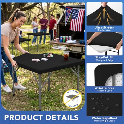 Card Table Covers Square Fitted Elastic Table Cloth-2 Pack Black 24x24 Inch | Spandex Stretch Windproof Washable Small End Tablecloths Protector-Side Bistro RV Camping Dining Patio Kitchen Party Tables - color: Black, size: 24'' x 24'' | 2 Pack