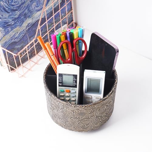 Round Leather Art Supply Organizer,Remote Control Holder,360 Degree Spinning,Multi-Functional Pencil Holder,4 Compartments Desktop Stationary Organizer(1-Carved Cooper Gold) - color: 1-Carved Cooper Gold