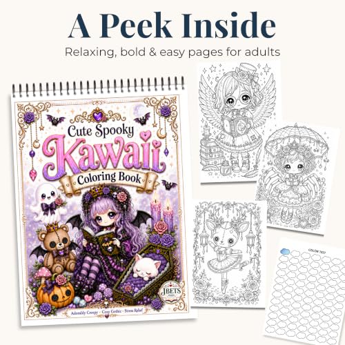 Cute Spooky Kawaii Coloring Book for Adults | Bold and Easy, Top Spiral Bound, 24 Images, Color Test Sheet, Mini Cozy Coloring Book and Pencil Sharpener Included, 8.5" x11"