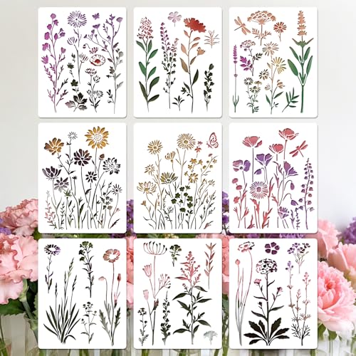 9pcs Flower Stencils for Painting Plant Patterns Drawing Stencils for Crafts Reusable Wildflower Templates Painting on Wood Wall Furniture Card Canvas Paper DIY Scrapbook - style: Wildflower