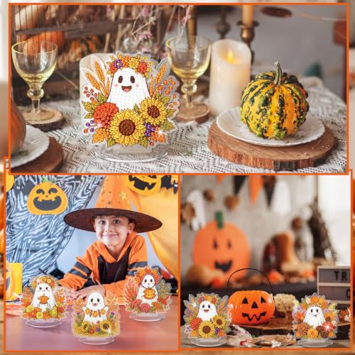 Kosiz 9 Pcs Fall Ghost Diamond Painting Tabletop Decorations Halloween Diamond Art Kits for Adults Double Sided Acrylic Flower Ghost Table Centerpieces Sign for Desktop Beginner DIY Crafts Party Gifts - style: Ghost