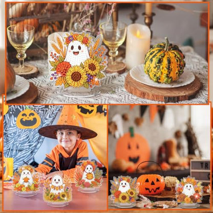 Kosiz 9 Pcs Fall Ghost Diamond Painting Tabletop Decorations Halloween Diamond Art Kits for Adults Double Sided Acrylic Flower Ghost Table Centerpieces Sign for Desktop Beginner DIY Crafts Party Gifts - style: Ghost