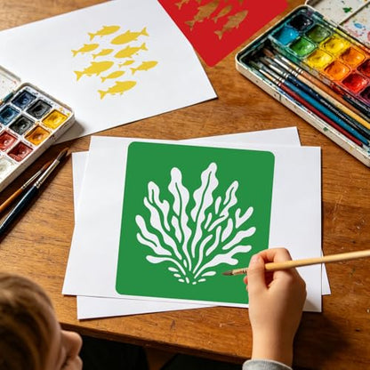 CUTHOLLOW Animals Fruit Plant Stencils, 24PCS 8-Inch Reusable Plastic | 24PCS 8-Inch Animals, Fruit & Plant Shapes, Reusable Washable Plastic, Painting, Crafts, Wall Art & Sidewalk Chalk - style: Marine Creatures