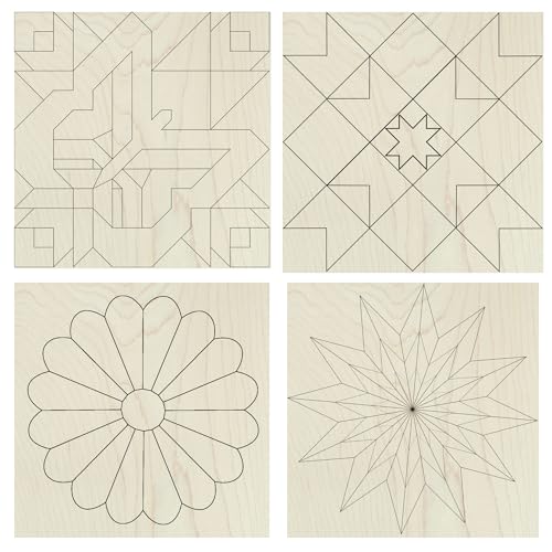 4 Mini Barn Quilt Kits, 6 Inch | Butterfly, Patch Star, Dresden, Starburst | Four 6-inch unfinished quilt blocks with laser-scored designs for painting, craft parties, gifts and a 12-inch wall collage. - size: 6 inches (set of 4), style: Butterfly, Patchw