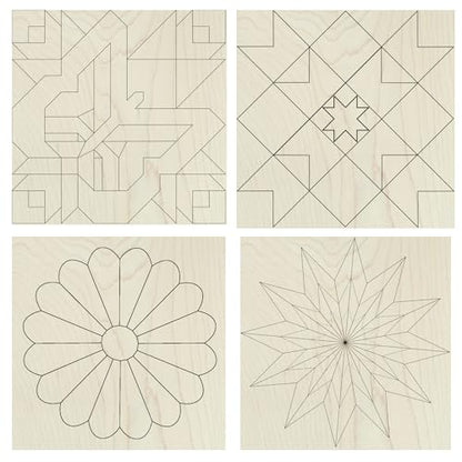 4 Mini Barn Quilt Kits, 6 Inch | Butterfly, Patch Star, Dresden, Starburst | Four 6-inch unfinished quilt blocks with laser-scored designs for painting, craft parties, gifts and a 12-inch wall collage. - size: 6 inches (set of 4), style: Butterfly, Patchw