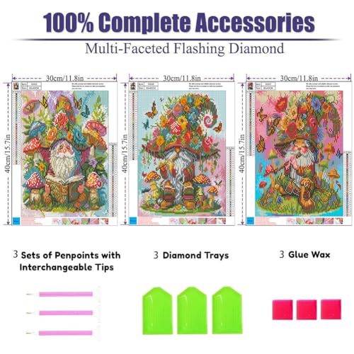 OFRKE Diamond Painting Kits for Adults,3 Pack Flower Dwarf Diamond Art Painting for Beginners, Diamond Round 5D Full Drill Paint with Diamonds Pictures Gem Art Painting Kits DIY Crafts Kits 12x16inch - color: 3pcs-Hat Dwarf