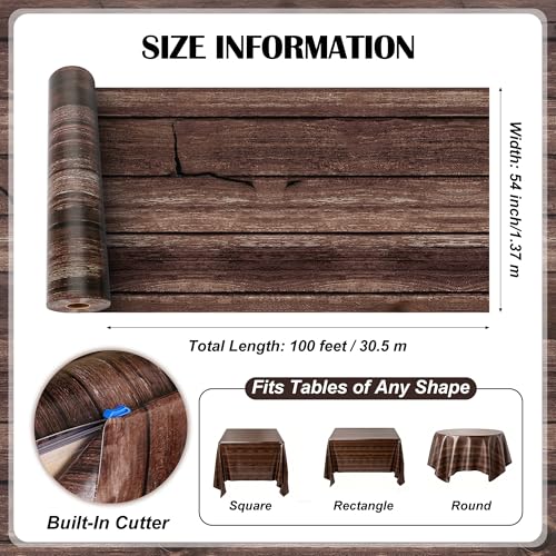 100FT x 54IN Wood Grain Plastic Tablecloth Roll with Slide Cutter Box | Heavy Duty Disposable Rustic Picnic Table Cover & Wall Backdrop, Cut-to-size for Western Party, Bulletin Board Backdrop - color: Wood Grain, size: 1200" x 54" (Rectangular)