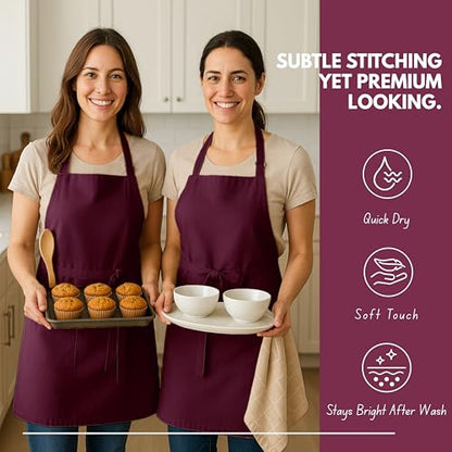 Native Fab Kitchen Apron 2 Pack - 100% Cotton Adjustable, Durable Apron with Pockets, Perfect for Cooking, Baking, Grilling - color: Burgundy Wine
