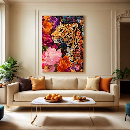 PINFFSHU 5D Diamond Art Kit for Adults & Beginners - Leopard amidst Colorful Flowers - Full Drill Animal Gem Painting, DIY Diamond Painting Craft for Home Wall Decor & Gifts, 12x16 inch (30x40cm) - color: Orange, black, pink, orange, purple, blue and othe