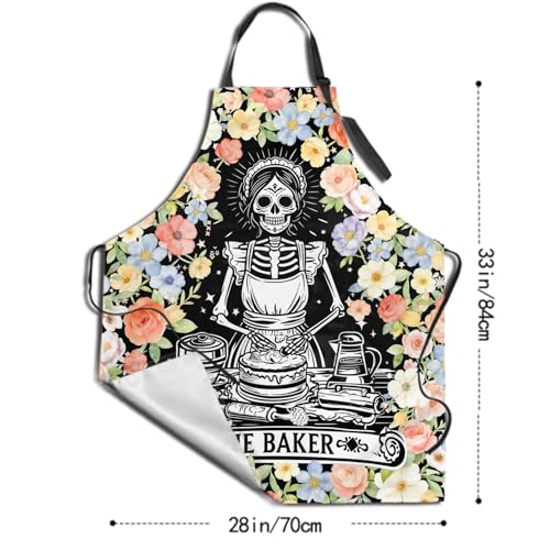 Funny Apron Polyester Grooming Aprons with Pocket for Cooking Kitchen Grilling Adults - color: Flower Skull Black