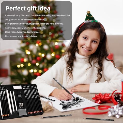 GETHPEN Drawing Sketching Pencil Set, Graphite Pencils (12B-4H), 24Pcs | Art Pencil Kit, Black and White Charcoal Pencils, Stumps, Eraser, Sharpeners, Sketching, Shading, Sketch Set for Artists