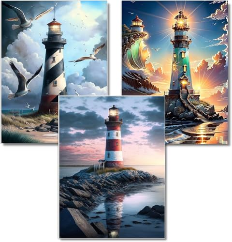 WUDWL 3 Pack Diamond Art Kits for Adults Diamond Painting Kits for Aduls | Lighthouse 5D Diamond Dots Gem Art Crafts with Tools, Round Full Drill Crafts for Home Wall Decor-12X16 Inch - color: Q-023