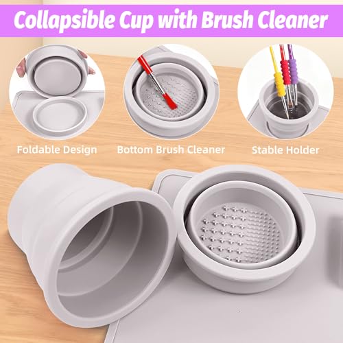 Silicone Painting Mat, 23.6x15.8in Art Craft Mat with Brushes | For watercolor resin clay DIY art use, waterproof table protection painting station with cup palette, 3 brushes, purple - color: Purple