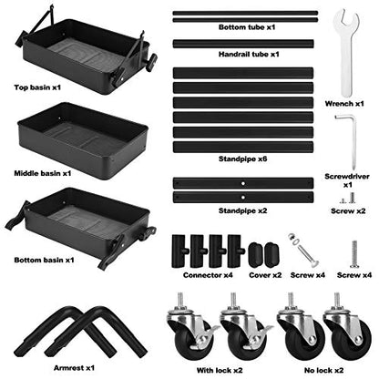 Foldable 3 Tier Metal Utility Rolling Cart, Folding Mobile Multi-Function Storage Trolley Organizer Cart for Home Library Office(Black) | Collapsible Rolling Storage Cart with 3 Hanging Cups, Folding Storage Trolley Organizer Cart for Home Office Kitchen(
