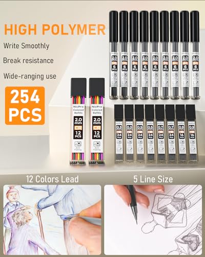 Nicpro 34PCS Black Art Mechanical Pencils Set, Metal Automatic Pencil 0.3, 0.5, 0.7, 0.9 mm & 2PCS 2mm Lead Holder (6B 4B 2B HB 2H 4H Colors) For Sketching Drawing With 19 Tube Lead Refills Case - color: Black 34
