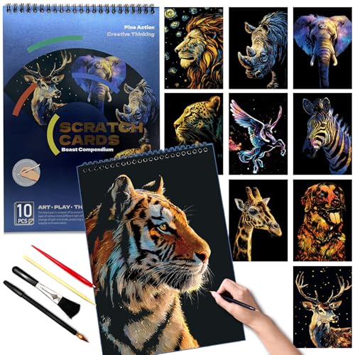 DESINIK Animals Scratch Art Painting Book for Adults-Colorful Animal Scratch Paper|Scratch Painting Paper Craft Kit|Creative Foil Engraving Scratch Art|Stress Relief Gift for Craft Lovers(10PCS) - color: Animals A4 -10PCS