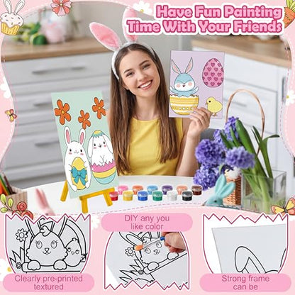 Blosssound 10 Set Easter Pre Printed Canvas Bunny Pre Drawn Canvas Painting with Easel Kits 5" x 7" Outline Painting Panels for Beginners, DIY Craft Project, Party Favor, Home Decors - style: Bohemian