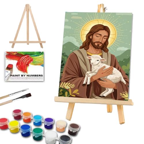 ICYANART Paint by Numbers for Adults Framed, Jesus Number Painting 8x12In | Adult Paint by Number Kits on Canvas with Wood Easel, DIY Acrylic Oil Painting by Number Beginners for Home Wall Decor Gift - color: Christian-7.8x11.8in
