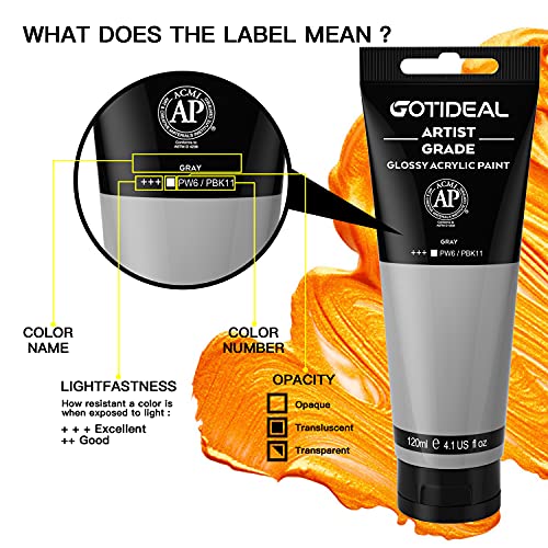 GOTIDEAL Acrylic Paint Gray Tubes(120ml, 4.1 oz) | Non Toxic, Non Fading, Rich Pigments,for Painters, Adults & Kids,Ideal for Canvas Wood Clay Fabric Ceramic Craft Supplies - color: Gray, style: Regular