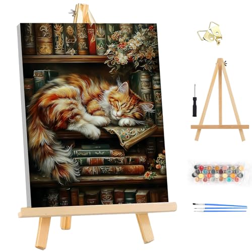 EOBROMD Framed Paint by Numbers Kits for Adults with Wooden Easel, Cat Bookshelf DIY Acrylic Paint by Number on Stretched Canvas, Painting Kits Adults Oil by Numbers for Home Decor 10x14 Inch - color: LG057