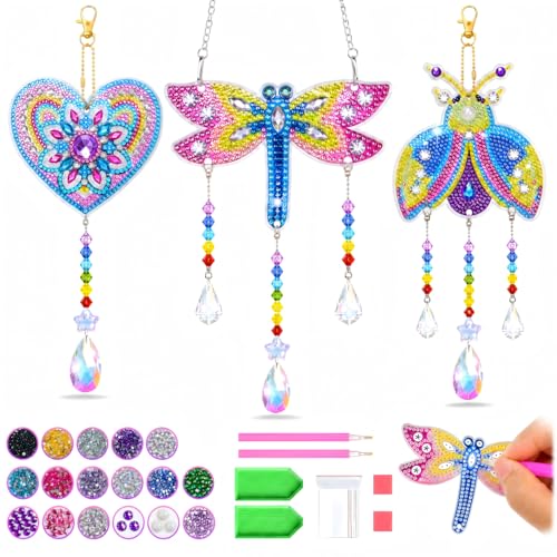 Diamond Art for Kids 8-12, 3 PCS Diamond Art Painting Sun Catcher for Girls - color: Yellow, Blue and Pink