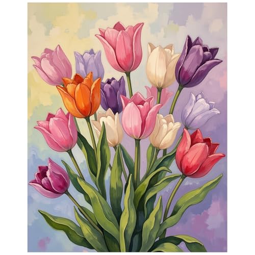 EnLvYY Colorful Tulips Paint by Numbers for Adults 16x20 Inch, DIY Unframed Kit, Blooming Spring Floral Still Life with Soft Pastel Background, Gift for Art and Home Decor Lovers - color: SNYY0372