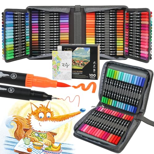 ZSCM 100 Colors Markers for Adult Coloring Books No Bleeding - Duo Tip Pens | Fine & Brush Coloring Marker for Adult Calligraphy, Illustration, Cards Drawing, Note taking Lettering, Journaling - color: 100 Colors