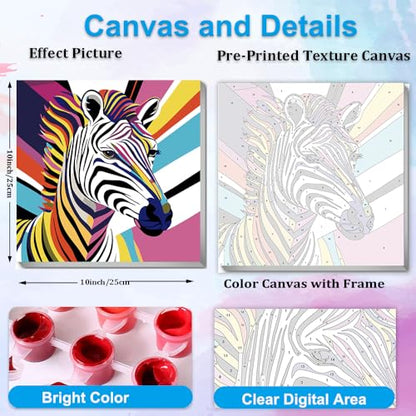 Artunion Framed Paint by Numbers Kit for Adults Beginners & Kids Ages 8-12,Colorful Zebra Paint by Number with Frame,Animal Paint by Numbers Kit on Canvas 10 * 10 Inch Without Easel - color: ZXT-273-F
