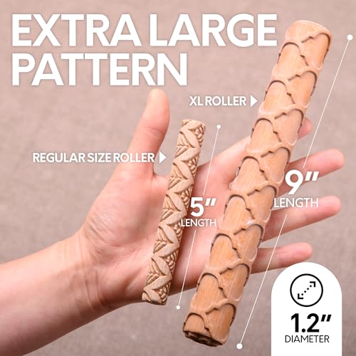 Byllstore Extra Large Clay Texture Rollers with Pottery Stamps | 3 Texture Rollers | 6 Clay Stamps | 3-Pack (9" x 1.2", 3 Pack) - color: 3 Pack | 9" x 1.2" | Fish Scale, Moroccan & Honeycomb