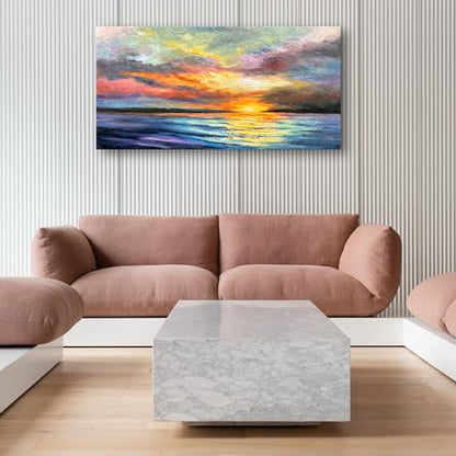Art Hand-Painted Sea Sunset Landscape Modern Abstract Oil Painting on Canvas Art Hall Bedroom Office Wall Decoration 24x48 Inches - color: Yi044