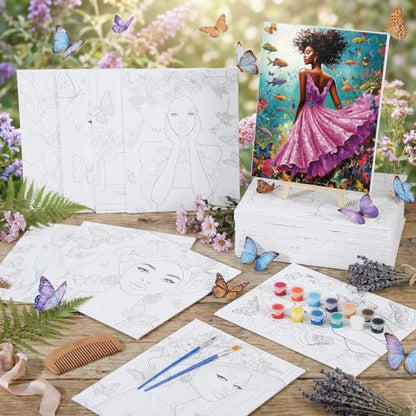 Harloon 36 Pcs 8 x 10 Inch Pre Drawn Canvas for Painting Afro Flower Butterfly Queen Pre Stretched Canvas Painting for Adults Outline for Sip and Paint Party Supplies Favor (Butterfly Queen) - style: Butterfly Queen