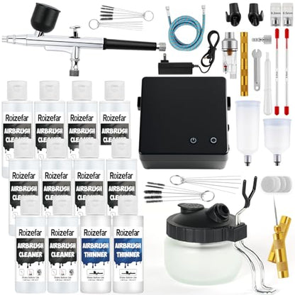 Roizefar Airbrush Cleaning Kit, Airbrush Cleaning Pot with 6 Airbrush Cleaner and 2 Thinner Airbrush Kit with Compressor, 55 PSI Non-Clogging Air Brush Painting Set Perfect for Painting, Modeling