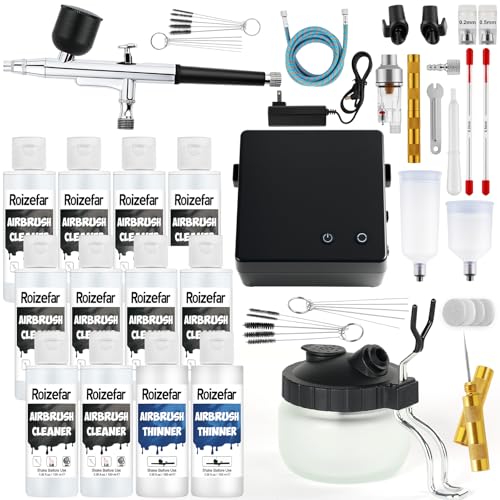 Roizefar Airbrush Cleaning Kit, Airbrush Cleaning Pot with 6 Airbrush Cleaner and 2 Thinner Airbrush Kit with Compressor, 55 PSI Non-Clogging Air Brush Painting Set Perfect for Painting, Modeling